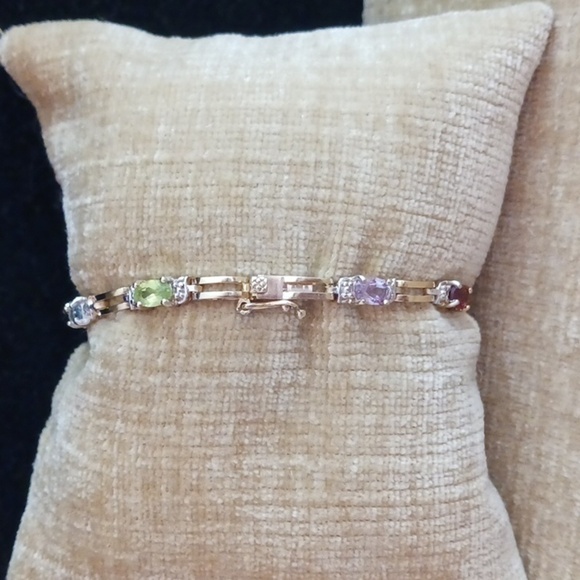 FAS 925 Gold Multi Colored Rhinestone Link Bracelet - Picture 2 of 7